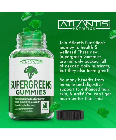 Atlantis Nutrition Supergreens Gummies - Daily Green Superfoods Supplement with Spinach Broccoli Moringa Beet Root Celery Green Tea & Acai for Immunity Support - Natural Raspberry Flavor 60 cnt 60 Count (Pack of 1) - Buy Online on GoSupps.com