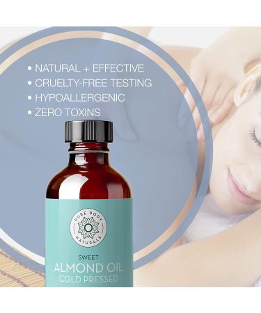 Pure Body Naturals Sweet Almond Oil 4 fl oz - Cold Pressed, 100% Pure for Hair, Skin, Nails, Massage - Carrier Oil - Buy Online on GoSupps.com