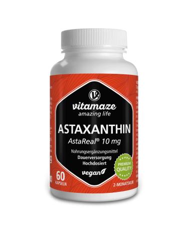 Vitamaze amazing life Astaxanthin Capsules High Dose & Vegan 10 mg per capsule natural astaxanthin powder from the blood rain algae 60 capsules for 2 months food supplement without additives