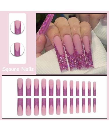 MISUD Extra Long Square Press on Nails - Matte Bling Glitter Acrylic Nails Fuchsia Sparkly Sequins French Tip Design - 24 Pcs Artificial Nails for Glamorous Looks - Buy Online on GoSupps.com