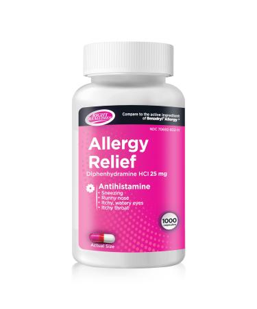 RIGHT REMEDIES Allergy Relief Antihistamine Diphenhydramine HCL 25mg Relieves Seasonal Indoor or Outdoor Allergies Runny Nose Sneezing Allergy Relief (1000 Capsules)
