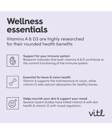 Vitl Vitamin A & D3 Daily Supplement - 60 High Strength Easy Swallow Capsules - Support for The Immune System & Overall Wellbeing - Vegan Friendly Tablets Vitamin A & D3 60 count (Pack of 1) - Buy Online on GoSupps.com