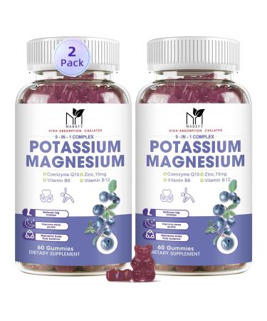 2 Pack Potassium Magnesium Gummies, Sugar-Free Potassium Gummies with Magnesium Glycinate 500mg Chewable Potassium Magnesium Supplements with Calcium, Zinc & Vitamins to Support Leg Muscle Relaxation Blueberry 60 Count (Pac