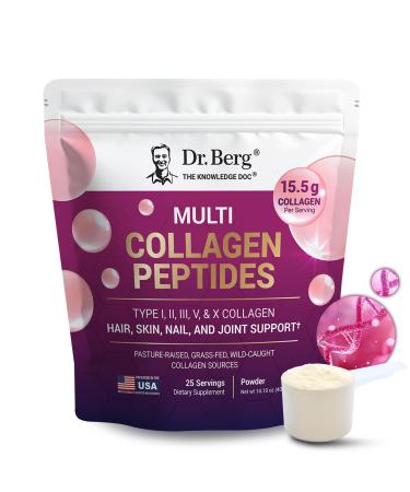 Dr. Berg Multi Collagen Peptides Powder Types I II III V X - Unflavored Collagen Powder w/ 14 g of Protein - Grass-Fed Pasture-Raised & Wild-Caught Collagen Sources - 25 Servings