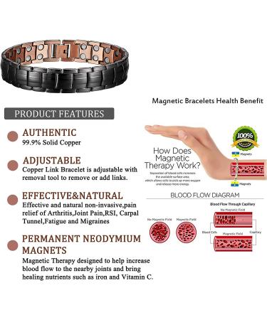 Mens Adjustable Black Copper Bracelet with Double Raw Magnets - 3000Gauss Pain Relief for Arthritis, Carpal Tunnel, Migraines - 8.5 inch - Buy Online on GoSupps.com