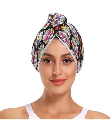 Buy Sugar Skull Flower Dry Hair Cap - 2 Piece Quick Drying Towel Set | Super Absorbent Soft & Comfortable Hair Towel with Button Headband - Ideal for Women - Buy Online on GoSupps.com