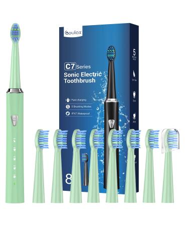 Sonic Electric Toothbrush for Adults and Kids - Rechargeable Sonic Toothbrush with 8 Brush Heads 120 Days of Use with 3-Hour Fast Charge 5 Modes with 2 Minutes Timer Gift for Family 1 count (Pack of 1) Light Green