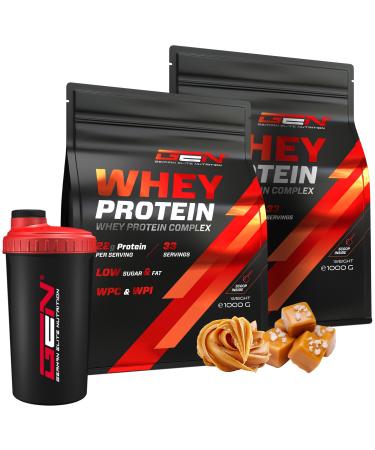 2 kg whey protein complex + premium shaker - with isolate proportion - Instant soluble protein protein powder with BCAA & EAA - German Elite Nutrition - 2 x 1000 g (Peanut Butter Salted Caramel) Peanut Butter Salted Caramel 2 Kg + Shaker