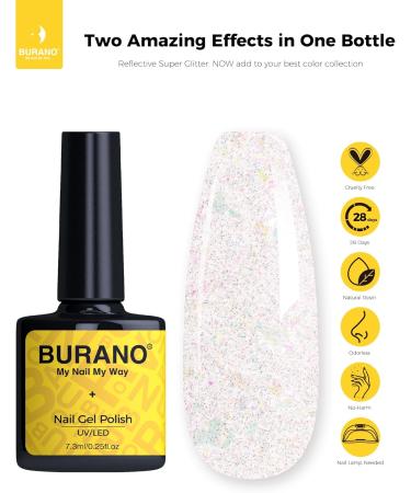 BURANO Holographic Gel Polish Reflective Glitter Gel Polish 7.3ml UV LED Pink Glitter Gel Nail Polish for Home DIY Diamond Gel Nail Polish Curing Required (YH21) - Buy Online on GoSupps.com