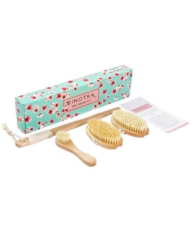 Vegan Dry Brush for Cellulite and Lymphatic Drainage Massage, Natural Firm and Soft Brushes, Cactus Bristles, Dry Skin Brush for Face and Body Set for Brushing, Body Scrub Brush with Handle 4 Piece Set