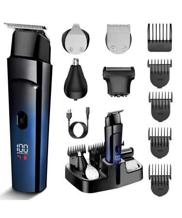 Beard Trimmer for Men - 5 in 1 Kit Electric Razor Nose Hair Trimmer with LED Display Cordless Mustache Body Face Grooming Kit Waterproof Rechargeable Beard Shaver - Gradient Blue