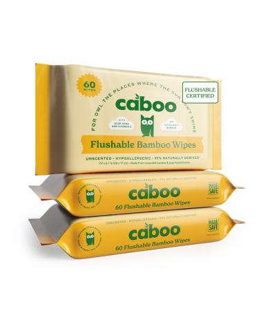 Caboo Bamboo Flushable Wipes, Flushable Certified, Septic Safe, Eco Friendly, Biodegradable Wipes for Adults and Kids, 60 Count Travel Packs, Pack of 3, Total of 180 Flushable Wipes
