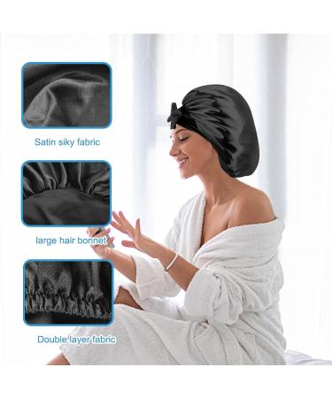 Satin Hair Bonnet for Sleeping - Jumbo Size Black Silk Bonnet for Long Curly Hair | Women's Tie Band Bonnet - Buy Online on GoSupps.com
