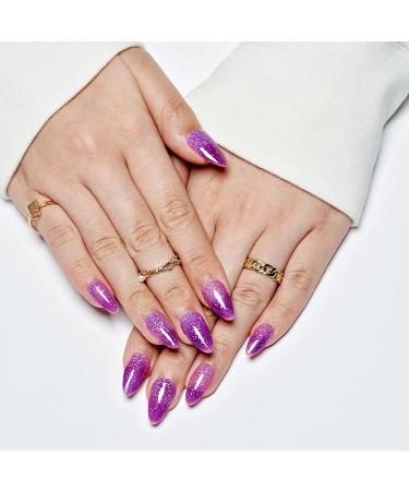 Thermochromic Color Changing Gel Press On Nails - Pink Purple Glitter Galaxy Ombre | 24 Pcs Medium Oval False Nail Kit - GLAMERMAID - Buy Online on GoSupps.com