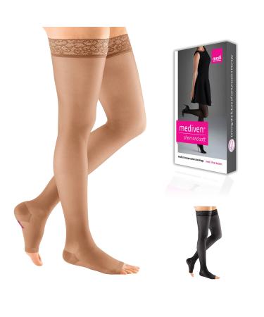 mediven sheer & soft for Women 15-20 mmHg Thigh High w/Lace Silicone Top Band Open Toe Compression Stockings Natural IV