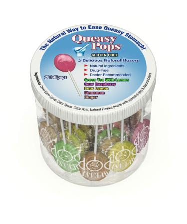Queasy Pops Nausea Relief Lollipops - Anti Nausea Queasy Pops for Motion Sickness Relief & Chemo. Soothing Drops for Tummy Ache. Also Pregnancy Nausea & Morning Sickness Relief. Assorted - 28 Count 28 Count (Pack of 1) Ass…