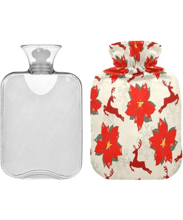 2L Hot Water Bottle with Poinsettia & Reindeer - Soft Fleece Cover for Hot & Cold Relief | International Shipping - Buy Online on GoSupps.com