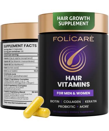 Biotin Hair Growth Supplement with Collagen, Keratin, and Probiotics Hair Growth Support, Skin & Nails Supplement for Men and Women Supports Thicker, Stronger Hair Made in USA (1 Pack) 60 Count (Pack of 1)