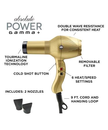 Gamma+ Absolute Power & Absolute 2000 Professional Tourmaline Ionic Hair Dryer - Unisex Gold Includes 2 Concentrator Nozzles - International Shipping Available - Buy Online on GoSupps.com