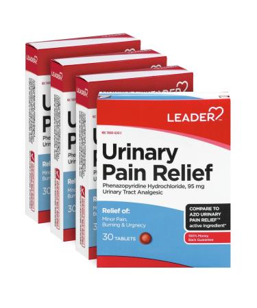 Leader Urinary Pain Relief Maximum Strength Fast Relief of UTI Pain Burning & Urgency Urinary Tract Infection Relief Phenazopyridine Hydrochloride 95 mg 30 Tablets 4-Pack MAX Strength 120.0