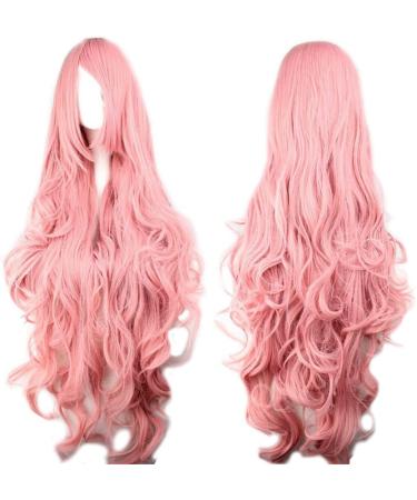 Sawekin Women's 40"100cm Long Pink Curly Wig Cosplay Halloween Costume Party Synthetic Pink Wigs for Anime Costume Halloween Cosplay (E-Pink)