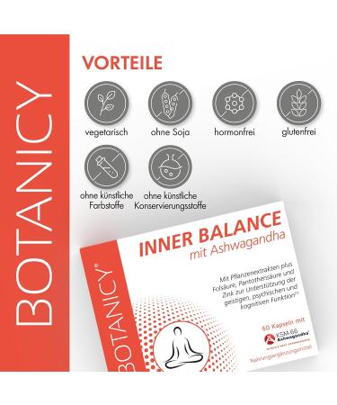 Botanicy Inner Balance - Stress Relief with Ashwagandha KSM-66 Ginkgo Biloba Folic Acid & Zinc | 60 Capsules for Mental Balance - Monthly Pack - Buy Online on GoSupps.com