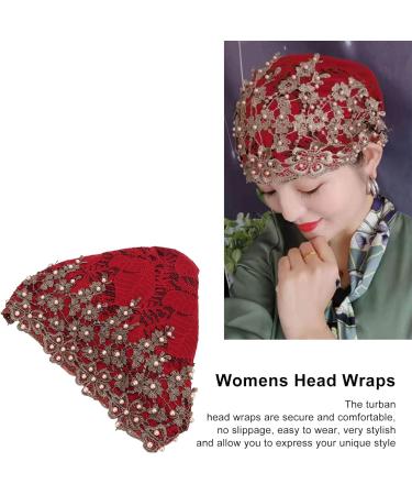 Buy Vintage Embroidered Floral Lace Muslim Turban Caps - Red Wine Stretch Head Wraps for Women | International Shipping - Buy Online on GoSupps.com