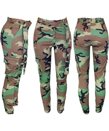 Vakkest Women's High Waist Cargo Camo Pants | Slim Fit Camouflage Joggers with Belt | Army Green XX-Large - Buy Online on GoSupps.com