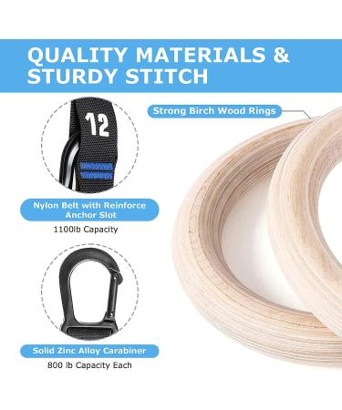Zingtto Wooden Gymnastic Rings | Adjustable Numbered Straps | 1.25'' or 1.1'' Dia | 32MM Wood Rings | Premium Quality - Buy Online on GoSupps.com