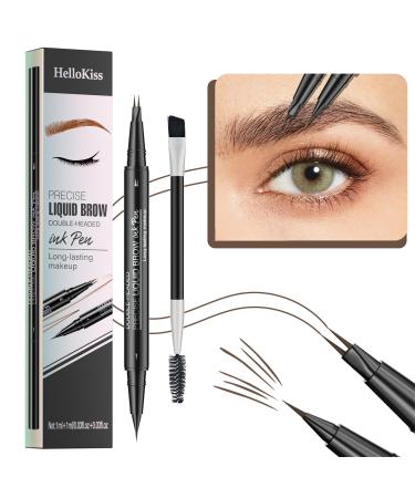 Hello Kiss Microblading Eyebrow Pen 2 Fork Tip Trailott Eyebrow Pen Hellokiss Curved Eyebrow Pen - Microblading Eyebrow Pencil Waterproof 3D Eyebrow Microblading Pen (Brown)
