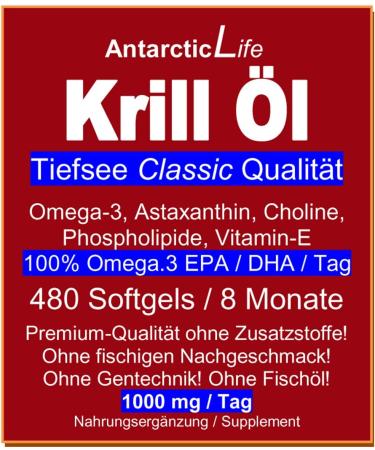 Krill Oil Capsules Omega 3 - Antarctic 480 Softgels with EPA DHA Astaxanthin Antioxidants & Vitamin E - No Fish Oil No Additives | Antarcticlife Deep Sea Classic - Buy Online on GoSupps.com