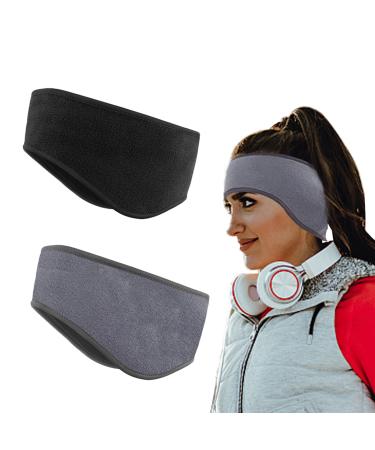 KUTOLAKI Ear Warmers Headband for Women and Men, 2 Pack Earbands Sports Earmuff Headband Set, Fleece Ear Covers Headbands Moisture Wicking and Stay Warm for Running, Hiking, Riding (Black, Gray)