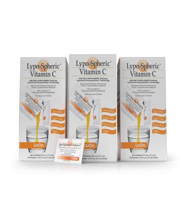 LypoSpheric Vitamin C  3 Cartons (90 Packets)  1,000 mg Vitamin C & 1,000 mg Essential Phospholipids Per Packet  Liposome Encapsulated for Improved Absorption  100% NonGMO