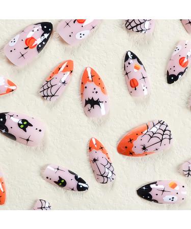 Shop Halloween Press-On Nails | Short Almond Acrylic Fake Nails with Ghost Pumpkin & Spider Web Designs - 24 Pcs for Women & Girls - Buy Online on GoSupps.com