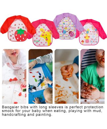 Baogaier Waterproof Baby Bibs with Long Sleeves - 4 Pack | Easy Clean, Ideal for Weaning and Feeding | Cute Animal Designs - Rabbit, Strawberry, Giraffe, Ladybug (Pink) - Buy Online on GoSupps.com