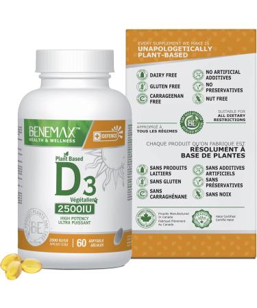Benemax Vitamin D3 2500 IU For Healthy Bones Teeth and Helps Prevent Vitamin D Deficiency Plant Based & Vegan 60 Day Supply - Buy Online on GoSupps.com