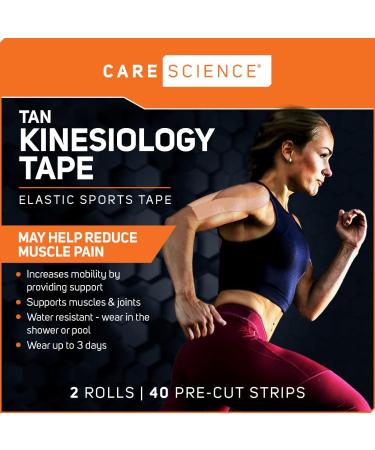 Care Science Waterproof Kinesiology Tape  Precut Water Resistant Strips  Elastic Athletic Tape for Sports & Weightlifting  Supports Muscles & Joints  Muscle Strain Relief  Tan  2 Rolls  40 Count - Buy Online on GoSupps.com