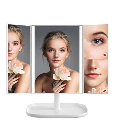 Makeup Mirror Vanity Mirror with Lights  3 Color Lighting Modes 52 LED Trifold Mirror  1X 2X 3X Magnification  Touch Control  Dual Power Supply  360 Degree Adjustable Stand Portable LED Makeup Mirror