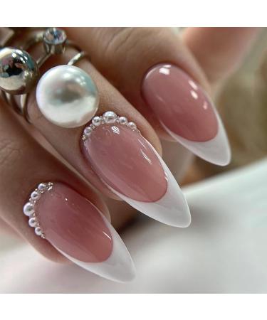 French False Nails with Glue - 24Pcs Stiletto Fake Nails Press on Nails with Pearls Nude French Nail Tips Full Cover Stick on Nails for Women Girls Festival Holiday Nails Art French with Pearl