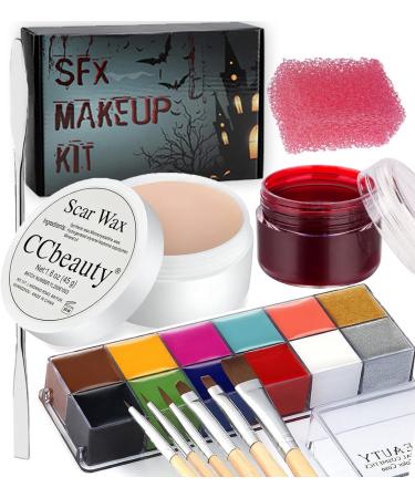 CCbeauty 12 Color Face Body Paint kit Oil Fake Wound Scar Wax (1.6Oz) Fake Coagulated Blood Gel(0.63Oz) Spatula 6 Wooden Brushes Stipple Sponge Halloween SFX Special Effects Stage Costume Makeup 03-12 Colours With Scar Wax And Fake Blood Set - Buy Online on GoSupps.com