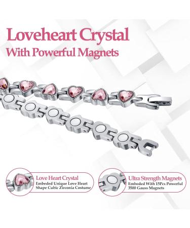 Jecanori Lymphatic Drainage Magnetic Bracelet for Women - Titanium Steel Wristband with Sparkling Heart Shaped Cubic Zirconia - Pink Bracelet with Removal Tool & Gift Box - Buy Online on GoSupps.com