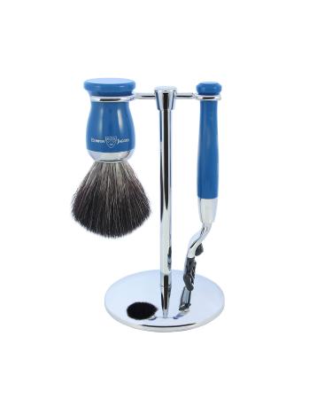 Edwin Jagger 3pc Gillette Mach3 Shaving Brush Black Synthetic Fibre With Stand Chrome Plated (Blue)