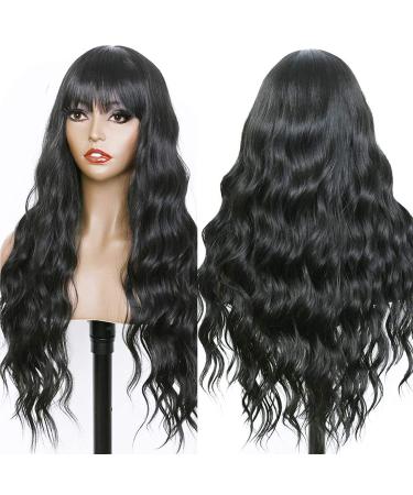 FUGADY Black Wavy Wig with Bangs | Long Synthetic Body Wave Wig - Heat Resistant & Affordable | Ideal for Cosplay - 24 Inches - Buy Online on GoSupps.com