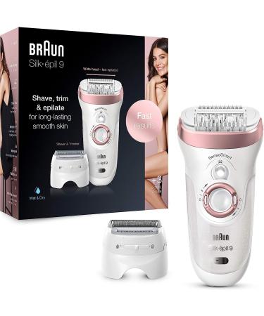 Braun Silk- pil 9 Epilator With Shaver & Trimmer Head Shave Trim & Epilate For Long-Lasting Smooth Skin Provides Smooth Skin For Weeks 100% Waterproof 2 Pin Bathroom Plug 9-720 White/Pink