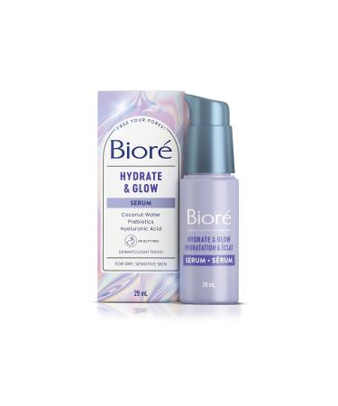 Biore Hydrate & Glow Serum Face Serum for Dry Sensitive Skin infused with Prebiotics Hyaluronic Acid and Coconut Water |Dermatologist Tested Cruelty Free and Fragrance Free (29mL) White