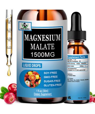 Magnesium Malate Liquid Drops | High Absorption Liquid Magnesium Supplement for Healthy Energy & Muscle Function Support - Magnesium Malate 1500mg for Adults Women & Men | Non-GMO - 30 Servings