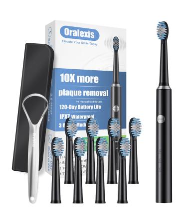 Electric Toothbrush for Adults and Kids with Tongue Scraper and 8 Brush Heads One Fast Charge Last 120 Days 40000 VPM Deep Clean Sonic Travel Toothbrush Light Black