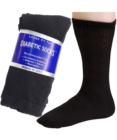 Creswell 3 Pairs Diabetic Crew Socks Made in USA (Black 10-13 Size)