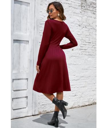 OUGES Women's Long Sleeve V-Neck Floral Wrap Dress - Dark Red | Spring Casual Midi Dress with Pockets - Buy Online on GoSupps.com