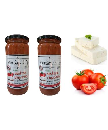 Mitilinia Gi | Handmade Greek Tomato Sauce with White Cheese Feta PDO and Extra Virgin Olive Oil | 2 x 480g | Preservative Free - Gluten Free & Vegan.